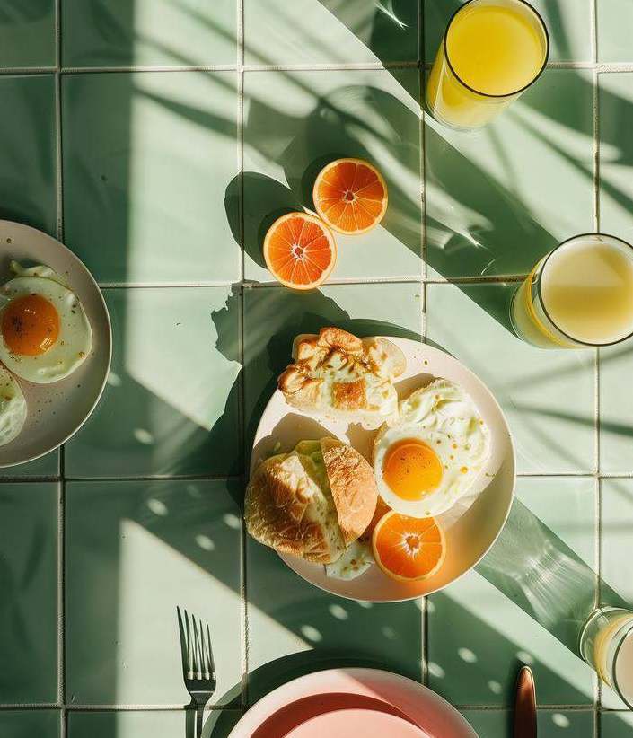 Zonnige ontbijttafel met eieren, brood en vers sinaasappelsap