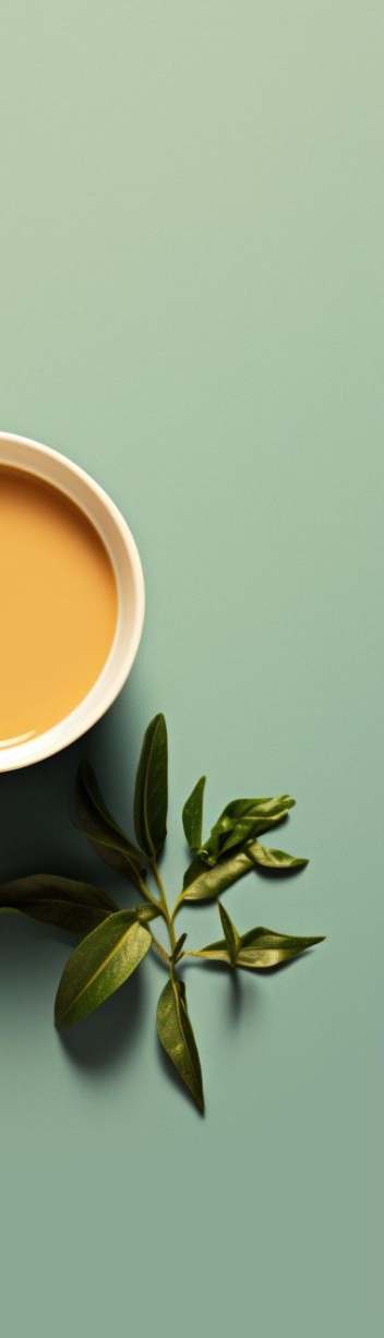 Kop koffie naast groene bladeren op een rustige groene ondergrond